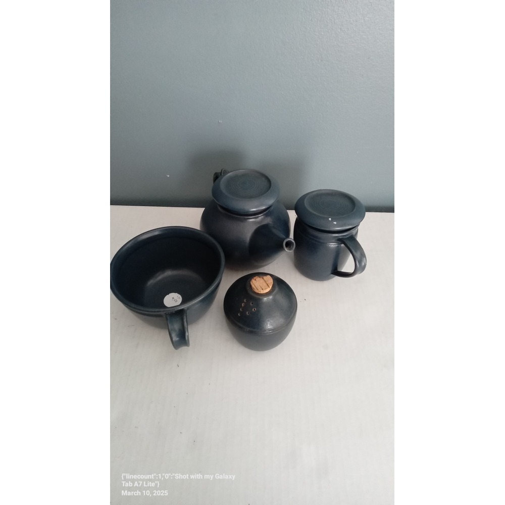 Studio Pottery Tea Set Matte Navy Blue Teapot Lidded‎ Mug Bowl Cork Shaker 4pc